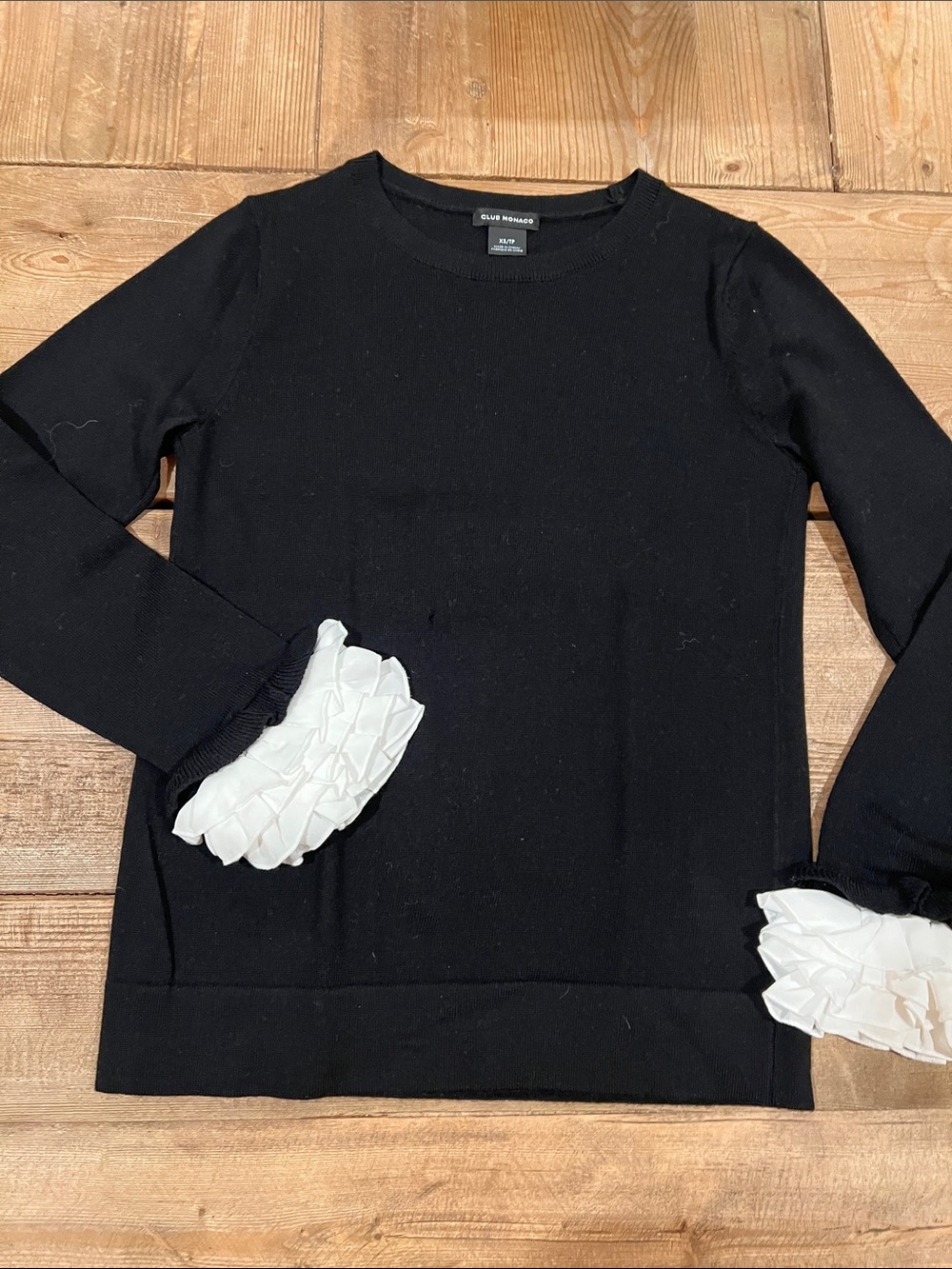 Club Monaco Black Crewneck Sweater with White Ruffle Cuffs